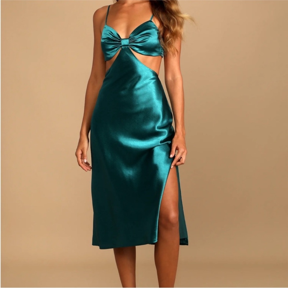 LULU’S WOMEN NEED MY LOVE SATIN CUT-OUT MIDI DRESS, SIZE XL, TEAL